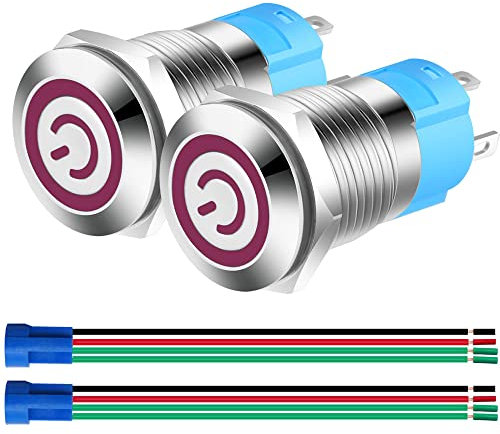 Gebildet 2Piezas 12mm Enclavamiento Pulsador de Botón Interruptores Acero Inoxidable Impermeable Plana Top, Normalmente Abierto SPST ON/Off 12V-24V 3A Pulsador con Enchufe de Cable(LED Rojo)