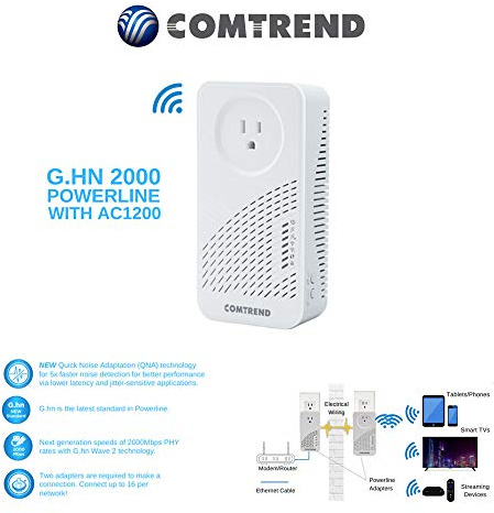 Comtrend G.hn Powerline Ethernet Adapter with Wireless AC - Wave 2 Tech Up to 2000Mbps Speed for Gaming & Streaming, Noise Detection for Lower Latency, Up to 16 Per Network - Single Device (PG-9182AC)
