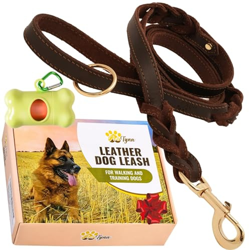 ADITYNA - Double Handle Leather Dog Leash 6ft - Heavy Duty Braided Dog Leash with Traffic Handle - Lead for Training and Walking Medium Large Breeds (Brown, Two Handles 6 Foot x 3/4)