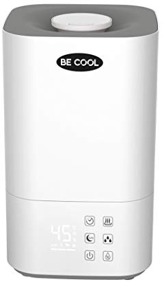BE COOL Luftbefeuchter & Aroma-Diffuser, Kalt-und Warmluftbefeuchter für bis zu 50m², Schlafzimmer geeignet, HEPA-, Kalk-, ION Filter, Touchpanel, LED Display, Besonders leise, Weiß/Grau