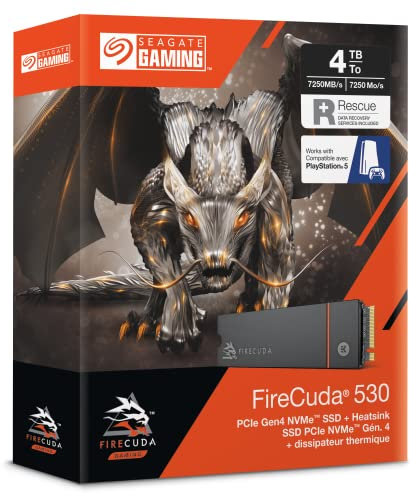 Seagate FireCuda 530, 4 TB, Internal Solid State Drive - M.2 PCIe Gen4 ×4 NVMe 1.4, transfer speeds up to 7300 MB/s, 3D TLC NAND, 5100 TBW, Heatsink, 3 year Rescue Services (ZP4000GM3A023)