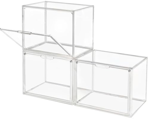 GUDEMAY Lot de 3 bacs de rangement empilables en plastique transparent avec couvercle magnétique, anti-poussière pour livres et produits cosmétiques, grande figurine, boîte à chaussures, organiseur de