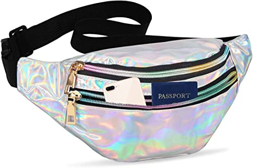 Sac Banane Homme Étanche Holographique Sacoche Banane Femme Fille Ville Imperméable Unisexe Enfant pour Cyclisme Gym Balade Escalade Voyage Vacances Jogging Aille Plein ​Air Randonnée Camping Argent