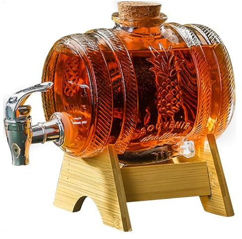 aleawol Glass Barrel Dispenser with Tap, 1L Glass Drink Dispenser Glass Whiskey Barrel Drink Dispenser with Wooden Stand Glass Wine Barrel for Bourbon Vodka Tequila Wine