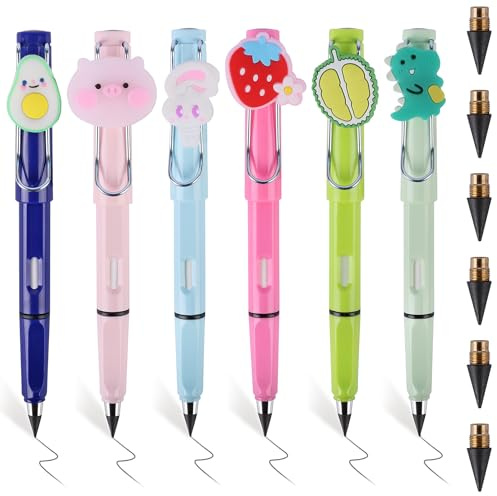 RNHDLY 6PCS Crayon Éternel, Crayons Sans Encre Eternal, Crayons Infinis Portable, Stylo Graphite Remplaçable avec 6 Tête Remplaçable, Gomme, Eternal Technology Écriture Illimitée, Style Mignon