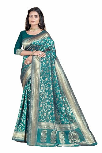Sugathari Sari Banarasi Women Pure Silk Kanjivaram Soft New Ladies 2023 Design Wear Pattu Sarees Latest Collections Sari Party Sari with Blouse Piece for Wedding Sadi (SAN PARI-182 GREEN