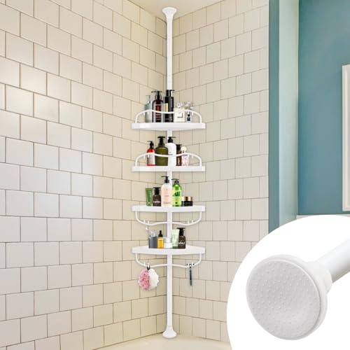 Corner Shower Caddy Tension Pole, Rustproof Bathtub Storage Organizer with 4 Adjustable Shelves, Bathroom Shower Rack Shampoo Holders for Inside Shower, 40-120 Floor to Ceiling Shower Caddy White