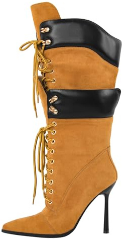 Richealnana Women's Double Lace Pointed Toe Stiletto High Heel Lace Up Strappy Knee High Boots Sexy Shoe Lace Slim Heel Fashion Cool Biker Cosplay Tall Boots Yellow US 7