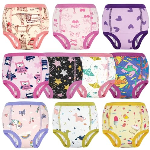 FLYISH DIRECT Culottes d'apprentissage pour Filles et Garçons 100% coton, Absorbantes Culottes Enfant Apprentissage, Anti-fuite, Réutilisables, Lot de 10, Rose Violet, 7 ans