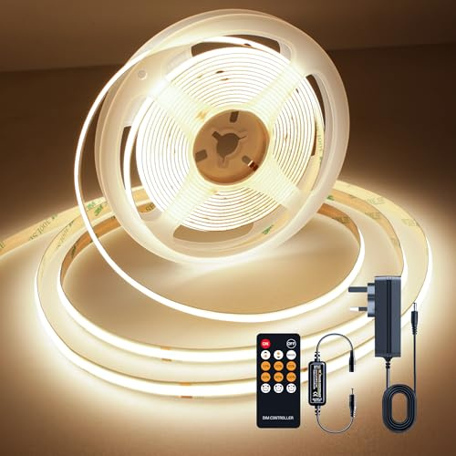 TTWAY Striscia LED COB 5 metri, 3000K Striscia LED Dimmerabile 24V, CRI93 +, larghezza 8mm, con Telecomando e alimentazione, per la decorazione domestica, cucina, specchio