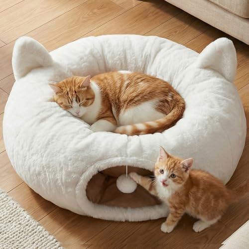 Fayavoo Cat Tunnel Bed for Indoor Cats, Soft Plush Round Peekaboo Cat Bed Cave with Washable Cushion, Under Cristmas Tree Cat Donut Tunnel Toys for Kitten Rabbit Puppy (White)