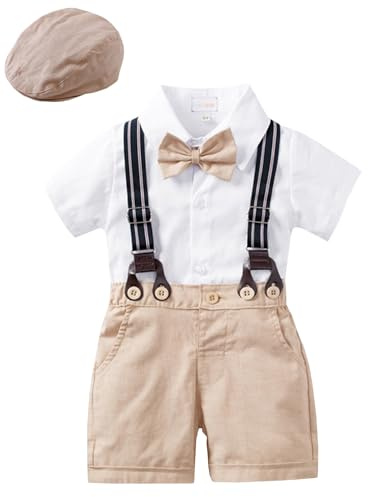Yimutian Completi da Battesimo per Bambino, Pagliaccetto con Papillon a Manica Corta + Pantaloncini con Bretelle Estate Neonato Abiti Cachi 2 9-12 mesi