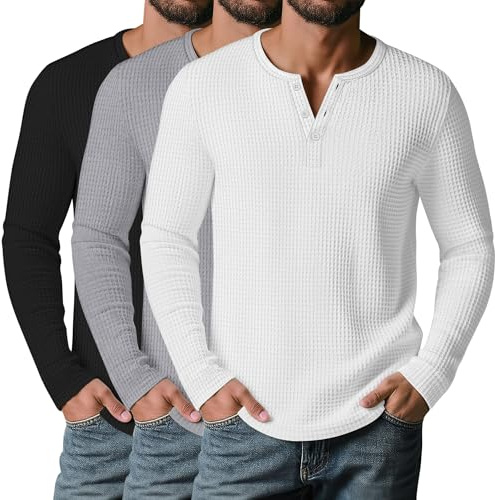Velvelhall 3 Pack Men’s Waffle Henley Shirts, Long Sleeve Button Tops Casual Basic T-Shirts Lightweight Knit Pullover(Black, Gray, White,Large)