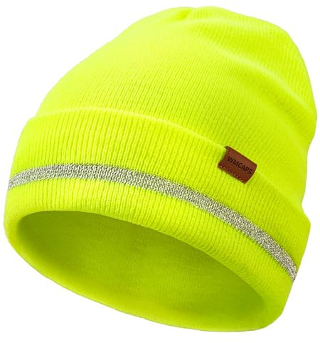 Wmcaps Mens Beanie with Reflective Stripes, Safety High Visibility Winter Hat, Unisex Thermal Knitted Hat for Outdoor Work Sports Gifts for Men and Women, Fluorescent Yellow