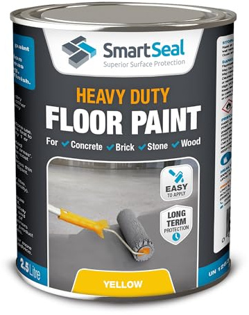 SmartSeal Heavy Duty Floor Paint - Yellow, 2.5L - Hard-Wearing Garage Floor Paint with Anti-Slip Mid-Sheen Finish – also Ideal for Decking, Warehouse flooring, Brick, Concrete, Stone & Wood
