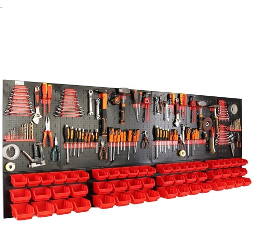 botle Panneau à outils mural perforé en métal, boîtes empilables + étagère murale + porte-outils, lot de 110 pièces, pour petites pièces, atelier mural avec 56 récipients empilables rouges