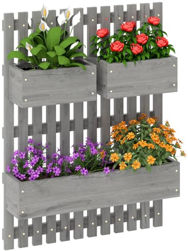 Outsunny Maceteros Madera jardín montados Pared espaldera, Gris | Agujeros de drenaje, 3 maceteros móviles, cama elevada de pared para patio exterior