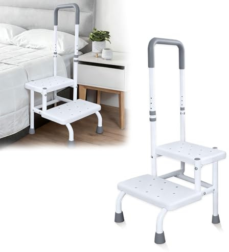 Escalera de baño de 2 niveles con asa, escalera para bañera para entrar y salir de la bañera, peldaños resistentes para personas mayores, 5 niveles de ajuste de altura, soporta hasta 136 kg