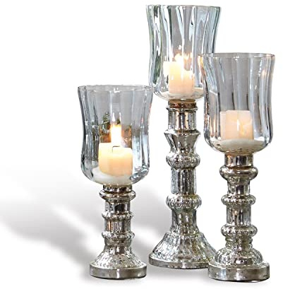 Loberon Windlicht Set Fréjeville | Deko Windlichter Für Kerzen | Aus Mundgeblasenem Glas | Elegante Pokalform | Unterschiedliche Größen | 3 Stück, klar/Silber