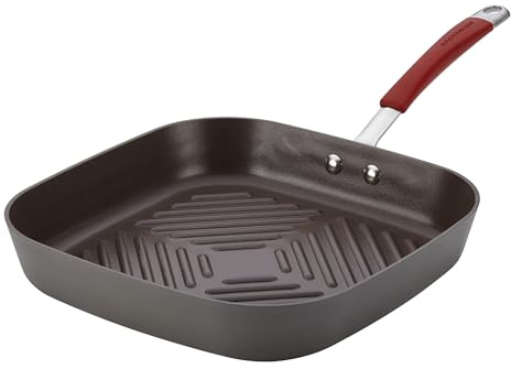 Rachael Ray Cucina Hard-Anodized Nonstick 11-Inch Deep Square Grill Pan, Gray with Cranberry Red Handle - 87632