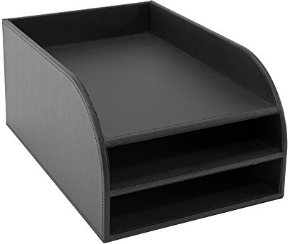 Osco Black Faux Leather Three Tier Letter Tray, Desk File Organiser, Mail Sorter, Document Holder, A4 Compatible, H17.5 x W25 x D37.5 cm