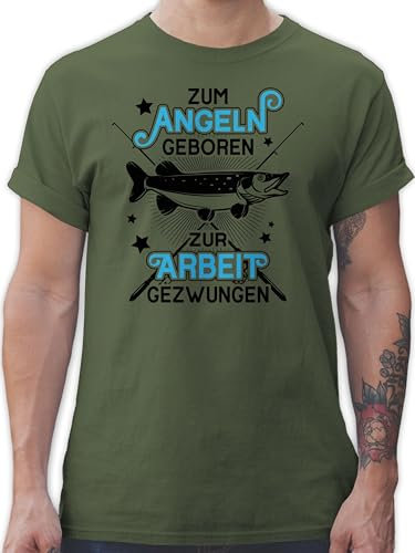 T-Shirt Herren - Angler Geschenke & Zubehör - Zum Angeln geboren - Zur Arbeit gezwungen - schwarz - L - Army Grün - angelshirt angelshirts Angel Shirt angelbekleidung Fischerei Tshirt