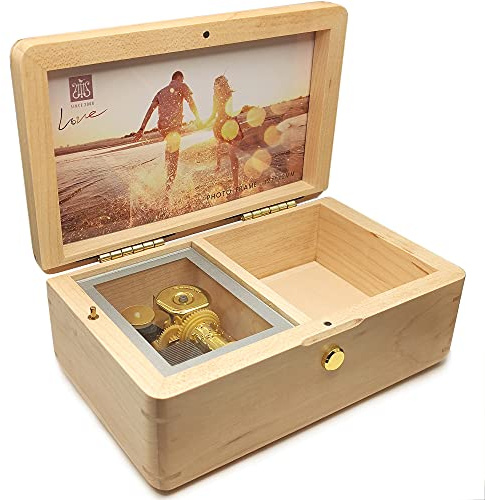 falado Caja de música de madera maciza de 18 notas con marco de fotos, para Navidad, cumpleaños, día de San Valentín, día de la madre, Tune of You are My Sunshine (madera de arce)