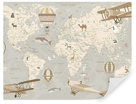 TAPEKO Papel Pintado Infantil 260x180 cm Mapamundi Aviones Globos Fotomurales para Niños y Niñas Prémium Interior Papel Pintado Pared Marfil u36066