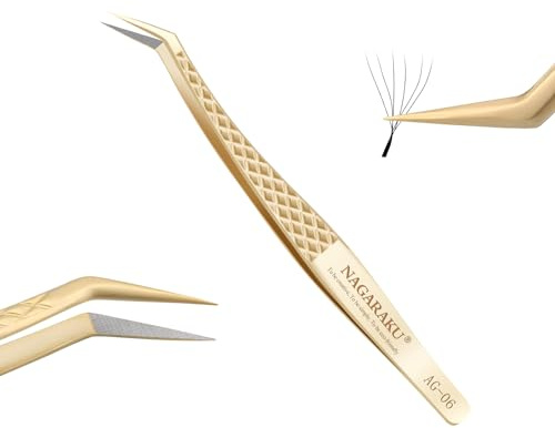 NAGARAKU Pince Volume Fibre Cils Greffage Pince Epiler Or Précision à Pointe En Fibre Acier Inoxydable Pointue Courbe Tweezer Prise en Main D'éventails Préfabriqués Russe Cils (Golden Feather AG-06)