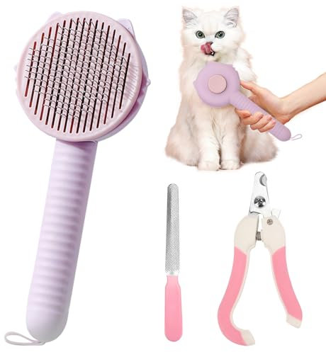 DKDDSSS Katzenbürste Hundebürste, Selbstreinigende Zupfbürste, Hundebürste Kurzhaar, Perfekt für lang- oder Kurzhaarige Katzen und Hunde, Mit One-Touch-Reinigungsfunktion