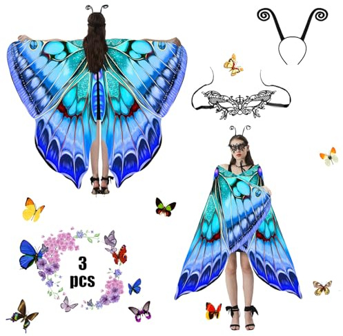 Jeackcelle Butterfly Costume Women's Halloween Costume Cape, Fairy Wings Fancy Dress Butterfly Wings Ladies Carnival Costume for Halloween Carnival Party Cosplay Dancing (SkyBlue)