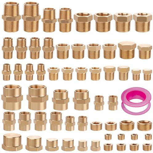 Ailbiuko 60pcs Brass Pipe Fittings Assortment Kit,Reducer Bushing,Hex Nipple,Reducing Hex Coupling,Hex Heand Plug,End Cap and Socket Plug Fitting Kit
