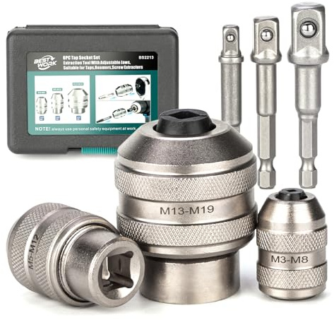 Bestwork Adjustable Tap Sockets, 6pcs Tap Holder Tool, 1/4, 3/8, 1/2 Tap Socket Adapter for M3-M19 Taps, Drills, Reamers, Screws