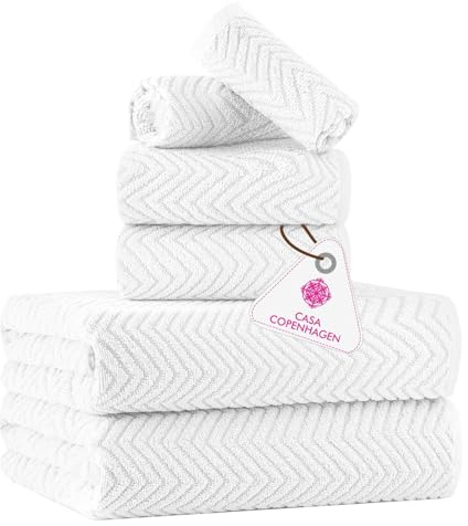 Casa Copenhagen Wave Textured Ensemble de Serviettes 6pièces - Blanc, 550g/m² 2debain, 2àmain, 2débarbouillettes, Utilisation Rude et Dure Coffret Cadeau de Serviettes en Coton pour Salle de Bain