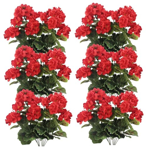 Jorzer 12 st pelargon konstgjorda blommor realistiska falska pelargon 35 cm falska silkesblommor för utomhus trädgård uteplats grav kyrkogårdsvas bord röd