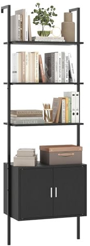 COSTWAY 5-stöckiges Leiterregal Bücherregal, Wandregal mit Schrank, Kippschutz-Kits und Metallrahmen, offenes Aufbewahrungsregal für Wohnzimmer, und Home Office (schwarz,60 x 35 x 184cm)