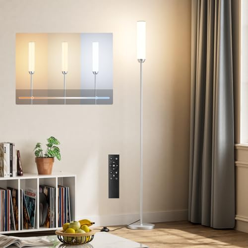 PreeOtti Lampade da Terra LED, 5 Temperature di Colore, Piantana Lampada da Terra con Telecomando e Interruttore a Pedale, Dimmerabile Lampada da Lettura Moderna per Camera, Salotto, Ufficio，Argenteo