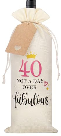40th Birthday Gifts for Women, Decorative 40th Birthday Wine Bottle Bag with Tag and Drawstring