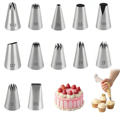 MFUSUL Accesorios profesionales para hornear 12 piezas de acero inoxidable, boquillas grandes profesionales, reutilizables, adecuadas para mangas pasteleras, cupcakes/pasteles/decoración de tartas