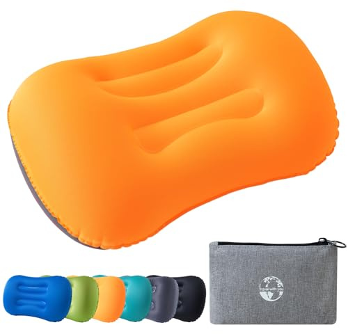 JetsCush Uppblåsbar Campingkudde Lätt Kompakt Resekudde med Ergonomiskt Stöd för Camping, Vandring, Ryggsäck, Resor och Strand – Campingutrustning Tillbehör & Utrustning (Orange) | Ergonomisk luftkudde liten packbar för camping vandring vandring resor strand orange