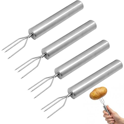 BaZuyunMd 4 forchette per patate in acciaio inox, riutilizzabili per patate in pelle, con 3 denti, adatto per sbucciare, grigliare e campeggio