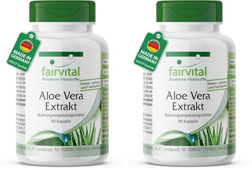 fairvital Capsule di Aloe Vera, 90 capsule, con vitamina C, facili da deglutire, VEGANE, Aloe-Vera Barbadensis Miller (Confezione da 2)