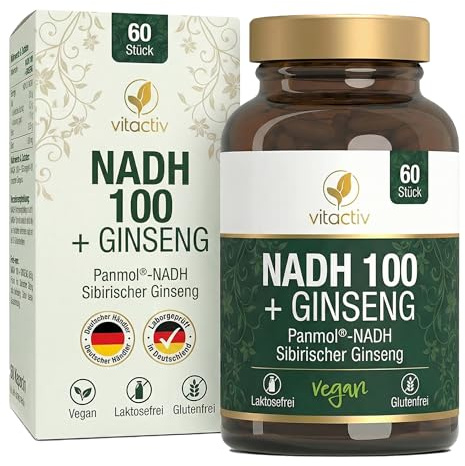 VITACTIV NADH 100 + Ginseng - Biologisch Aktives PANMOL® NADH plus Sibirischer Ginseng - Stabilisiertes NADH, Vegan - 60 Kapseln