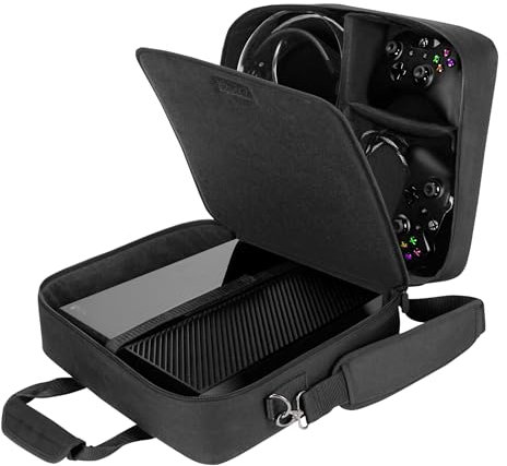 USA GEAR Housse Sac de Console, Sangle d’Epaule Ajustable et Compartiments Personnalisables - Compatible avec Xbox One, Xbox One X/S, Xbox 360, PlayStation 4 Pro, PlayStation 4, PlayStation 3 - Noir
