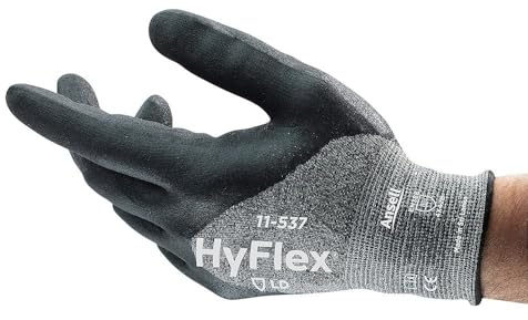 Hyflex Ansell 11-537 Schnittschutz Arbeitshandschuhe, Mechanikschutz, Griff- und Komforttechnologie, Industrie und Mechaniker Handschuhe, Waschbar, Schwarz, Größe L (12 Paar)