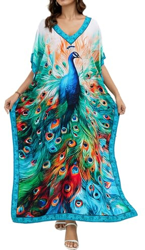 LikeJump Dam bomullstryck kaftan baddräkt kimono täcka lös strandrock maxiklänning, Himmelsblå 1, en storlek