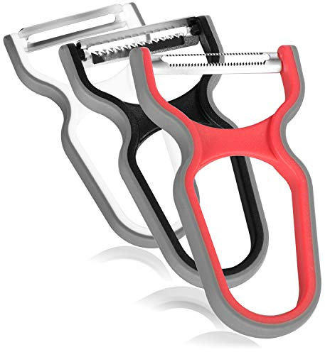 COM-FOUR® 3 pezzi per Pelapatate Misto a frutta e verdura - pelapatate universale, antiruggine particolarmente affilato, ergonomico e con labbro in gomma antiscivolo