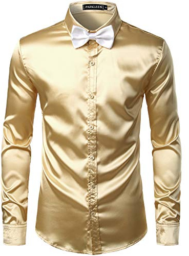 PARKLEES Camicia da uomo lucida in raso slim fit a maniche lunghe per il tempo libero camicia da lavoro per feste in discoteca, Champagne, M