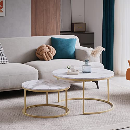 GrandCA HOME Set mit 2 Runden Couchtischen, Beistelltischen (Marmorimitat) für Wohnzimmer, große Größe: 80 x 80 x 45 cm; Kleine Größe: 60 x 60 x 35 cm, Gold