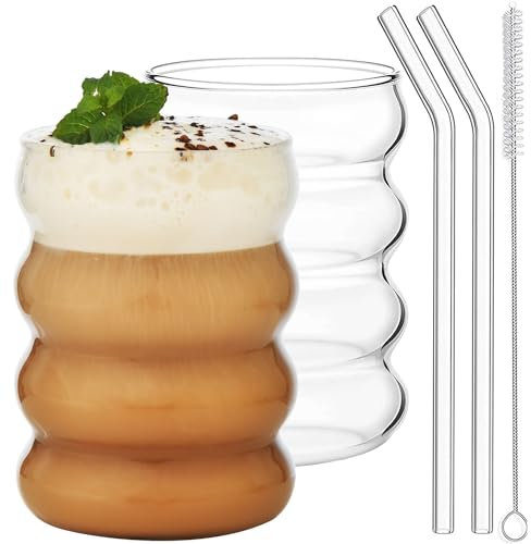 VITEVER Gerippte Trinkgläser mit Glasstrohhalmen 2er-Set, 530ml Eiskaffeegläser, Bubble Gläser für Cocktail, Milch, Wasser, Soda, Geschenk mit Pinsel